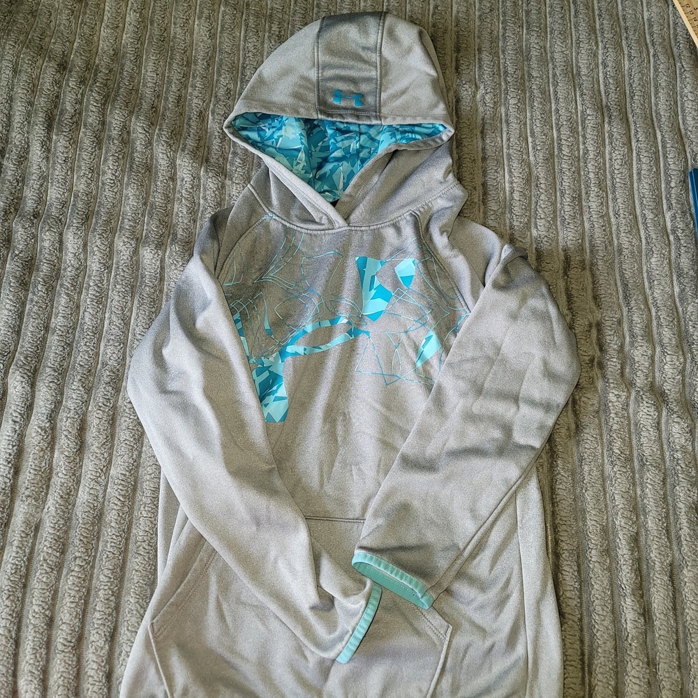 Under Armour Pullover Hoodie Girls Medium Fleece Lined Coldgear‎ Gray Aqua